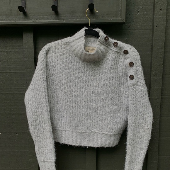 Light Gray Mock Turtleneck Knitted Sweater Brown Buttons Light Academia - Picture 1 of 7